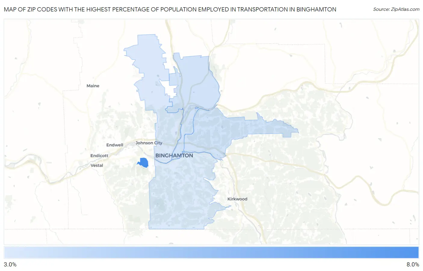 Zip Codes with the Highest Percentage of Population Employed in Transportation in Binghamton Map
