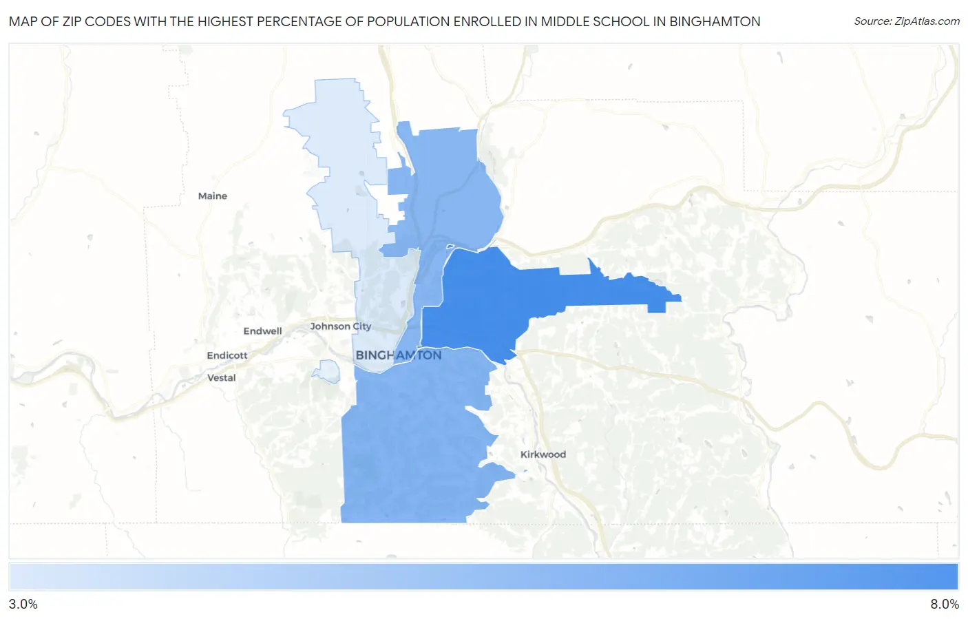 Zip Codes with the Highest Percentage of Population Enrolled in Middle School in Binghamton Map