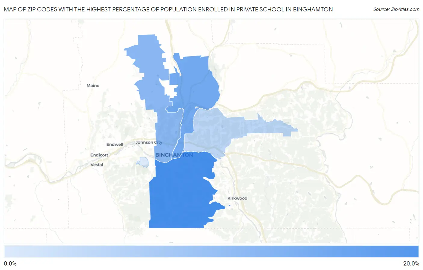 Zip Codes with the Highest Percentage of Population Enrolled in Private School in Binghamton Map