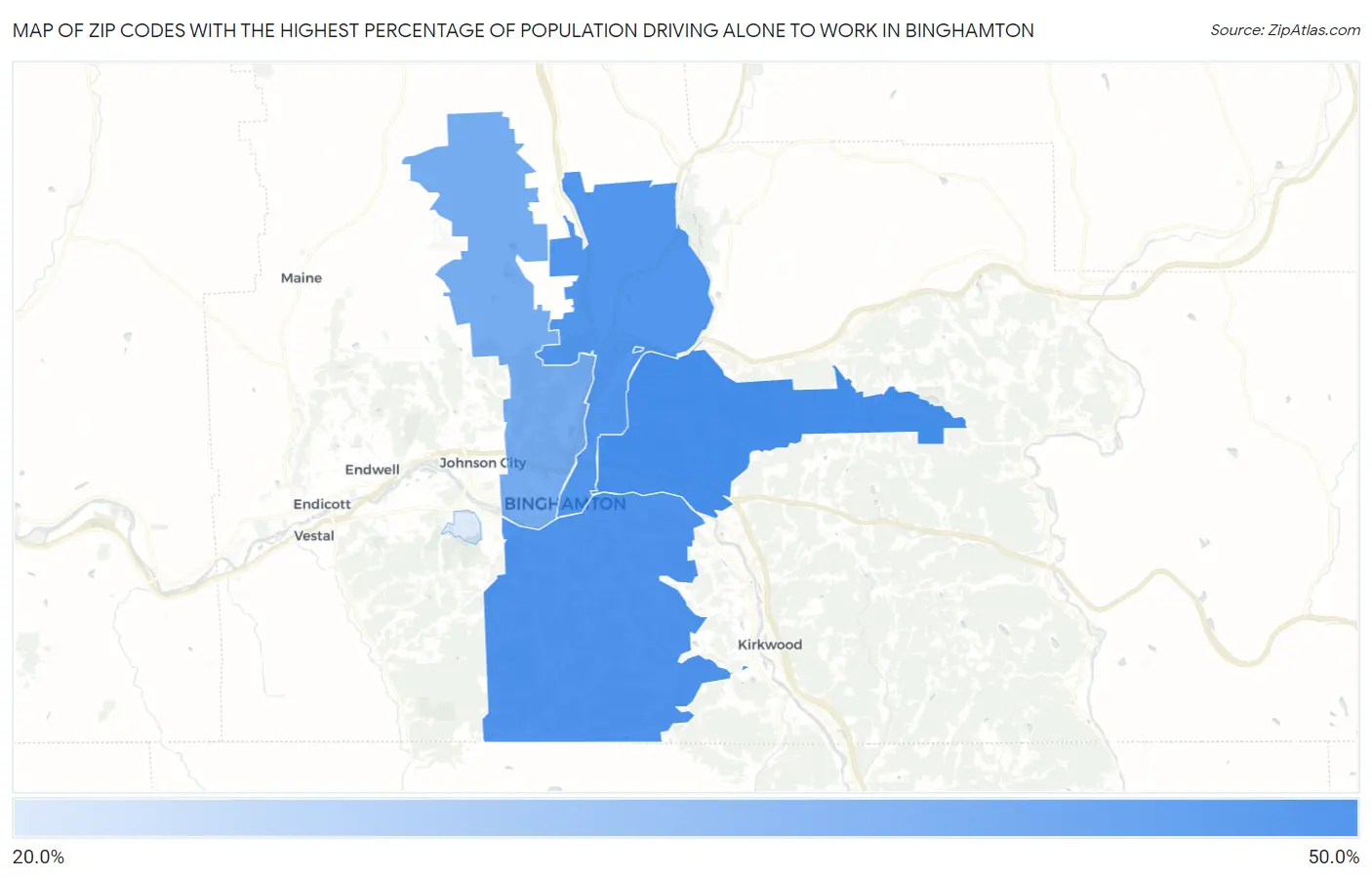 Zip Codes with the Highest Percentage of Population Driving Alone to Work in Binghamton Map