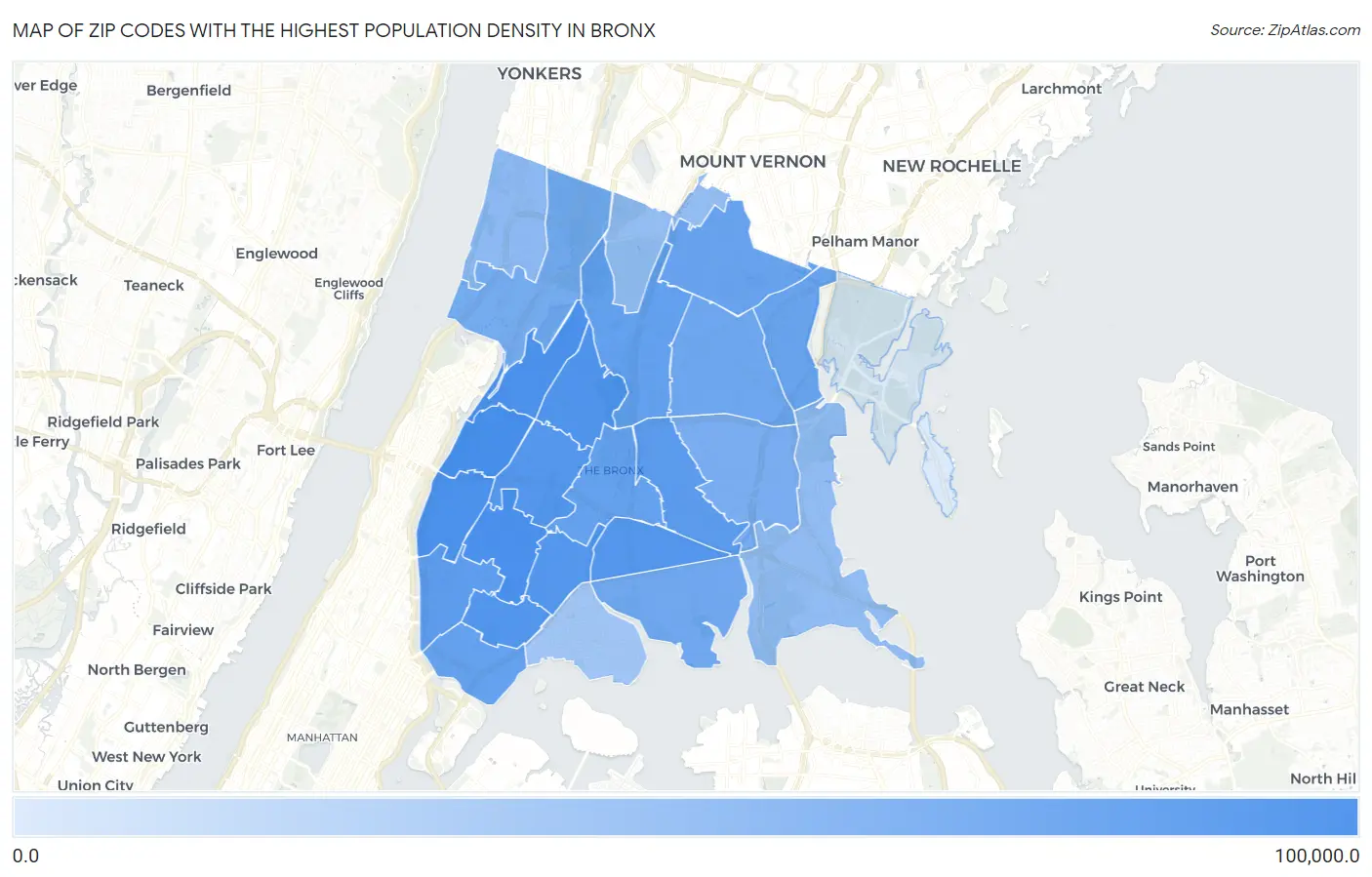 Zip Codes with the Highest Population Density in Bronx Map