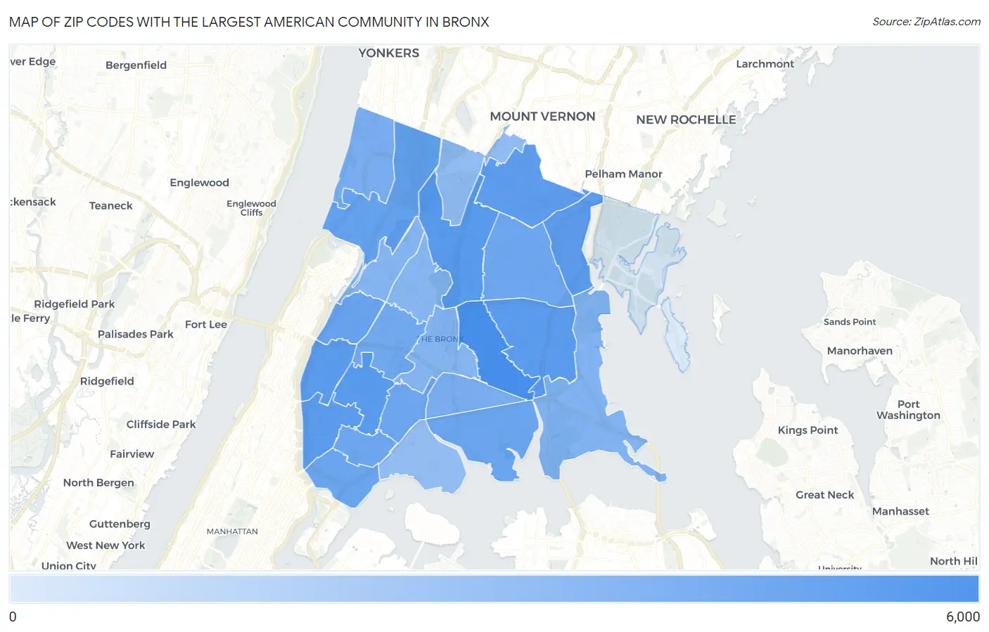 Zip Codes with the Largest American Community in Bronx Map