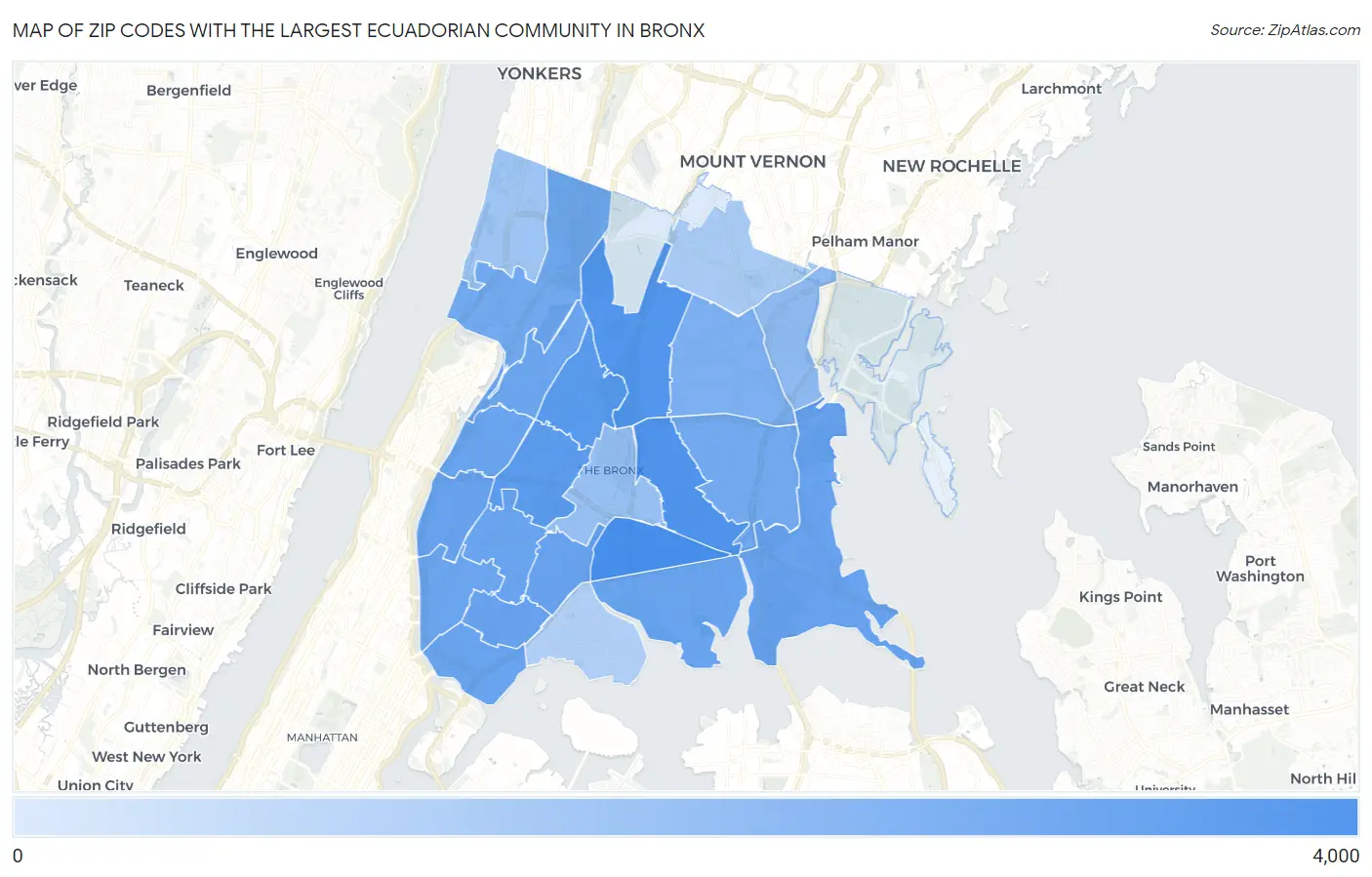 Zip Codes with the Largest Ecuadorian Community in Bronx Map