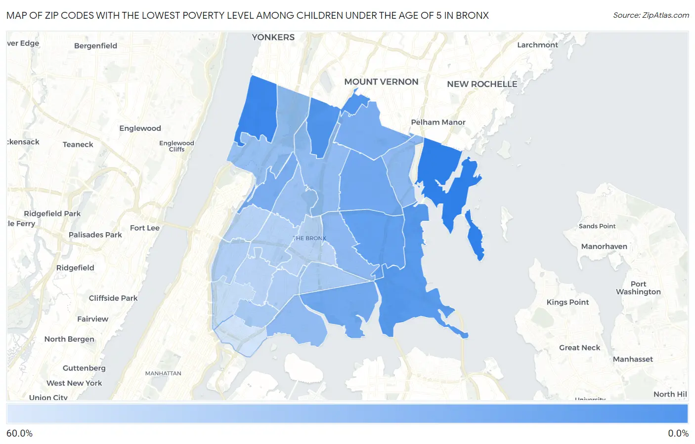 Zip Codes with the Lowest Poverty Level Among Children Under the Age of 5 in Bronx Map