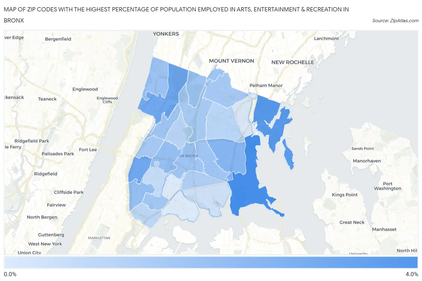 Zip Codes with the Highest Percentage of Population Employed in Arts, Entertainment & Recreation in Bronx Map