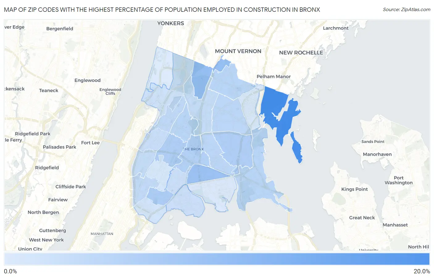 Zip Codes with the Highest Percentage of Population Employed in Construction in Bronx Map