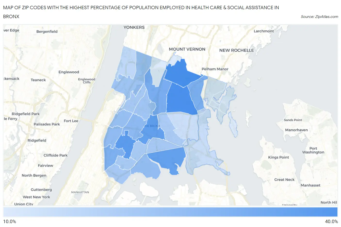Zip Codes with the Highest Percentage of Population Employed in Health Care & Social Assistance in Bronx Map