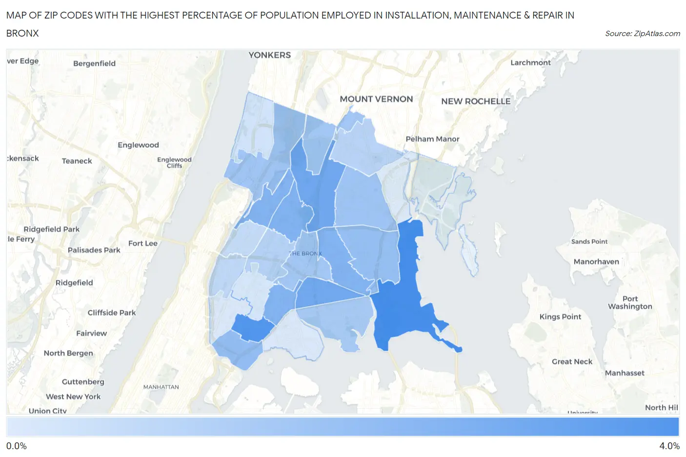 Zip Codes with the Highest Percentage of Population Employed in Installation, Maintenance & Repair in Bronx Map