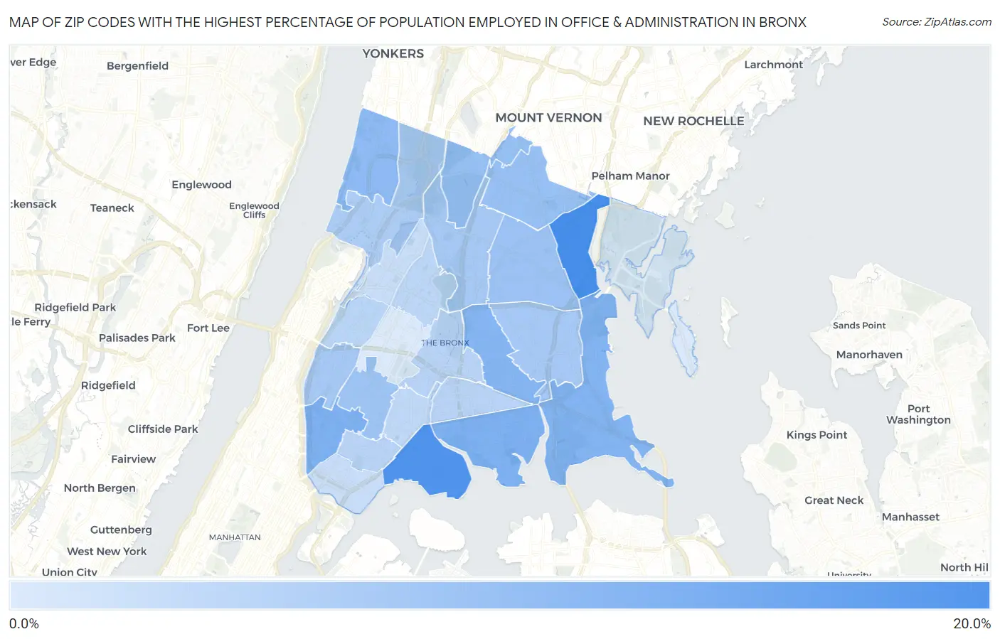 Zip Codes with the Highest Percentage of Population Employed in Office & Administration in Bronx Map