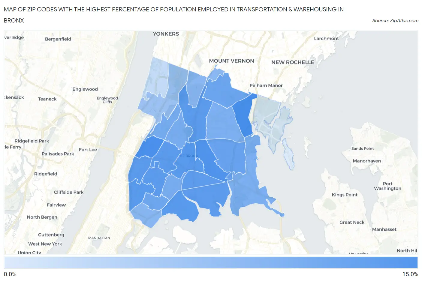 Zip Codes with the Highest Percentage of Population Employed in Transportation & Warehousing in Bronx Map