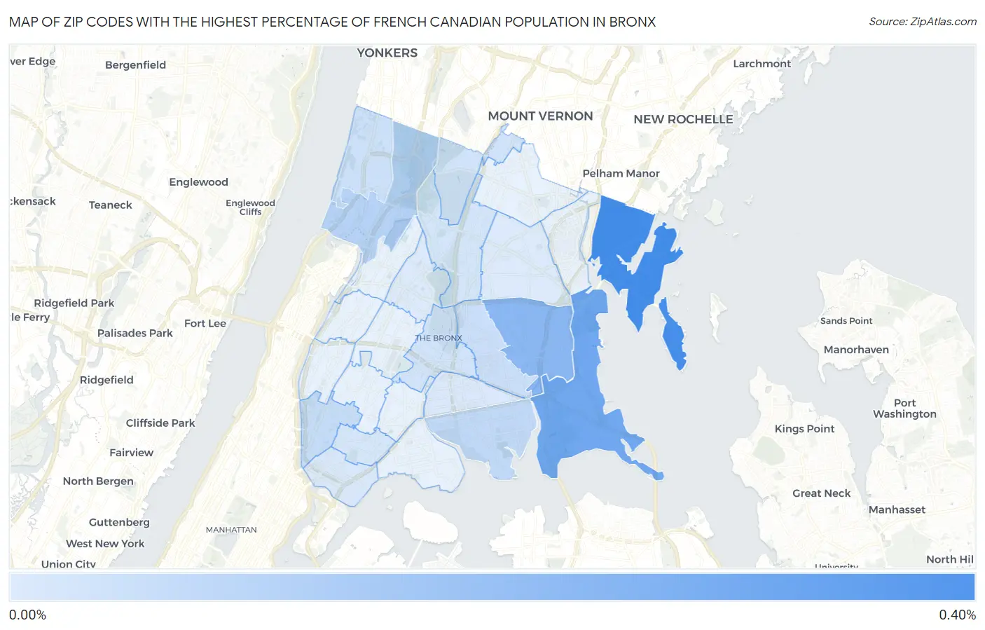 Zip Codes with the Highest Percentage of French Canadian Population in Bronx Map