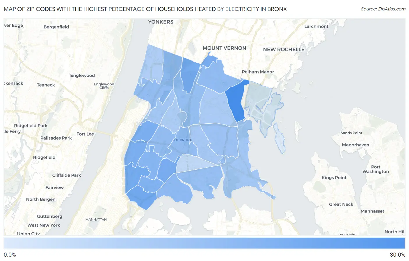 Zip Codes with the Highest Percentage of Households Heated by Electricity in Bronx Map