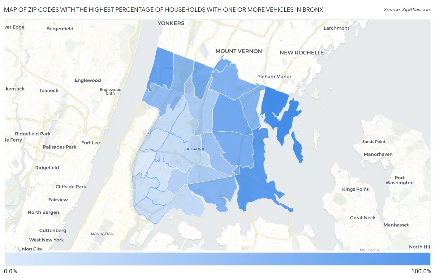 Zip Codes with the Highest Percentage of Households With One or more Vehicles in Bronx Map
