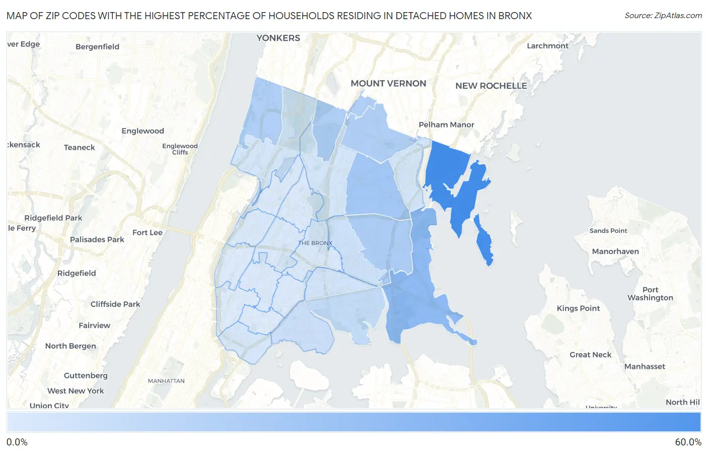 Zip Codes with the Highest Percentage of Households Residing in Detached Homes in Bronx Map
