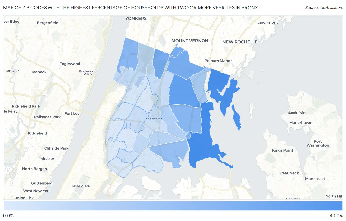 Zip Codes with the Highest Percentage of Households With Two or more Vehicles in Bronx Map