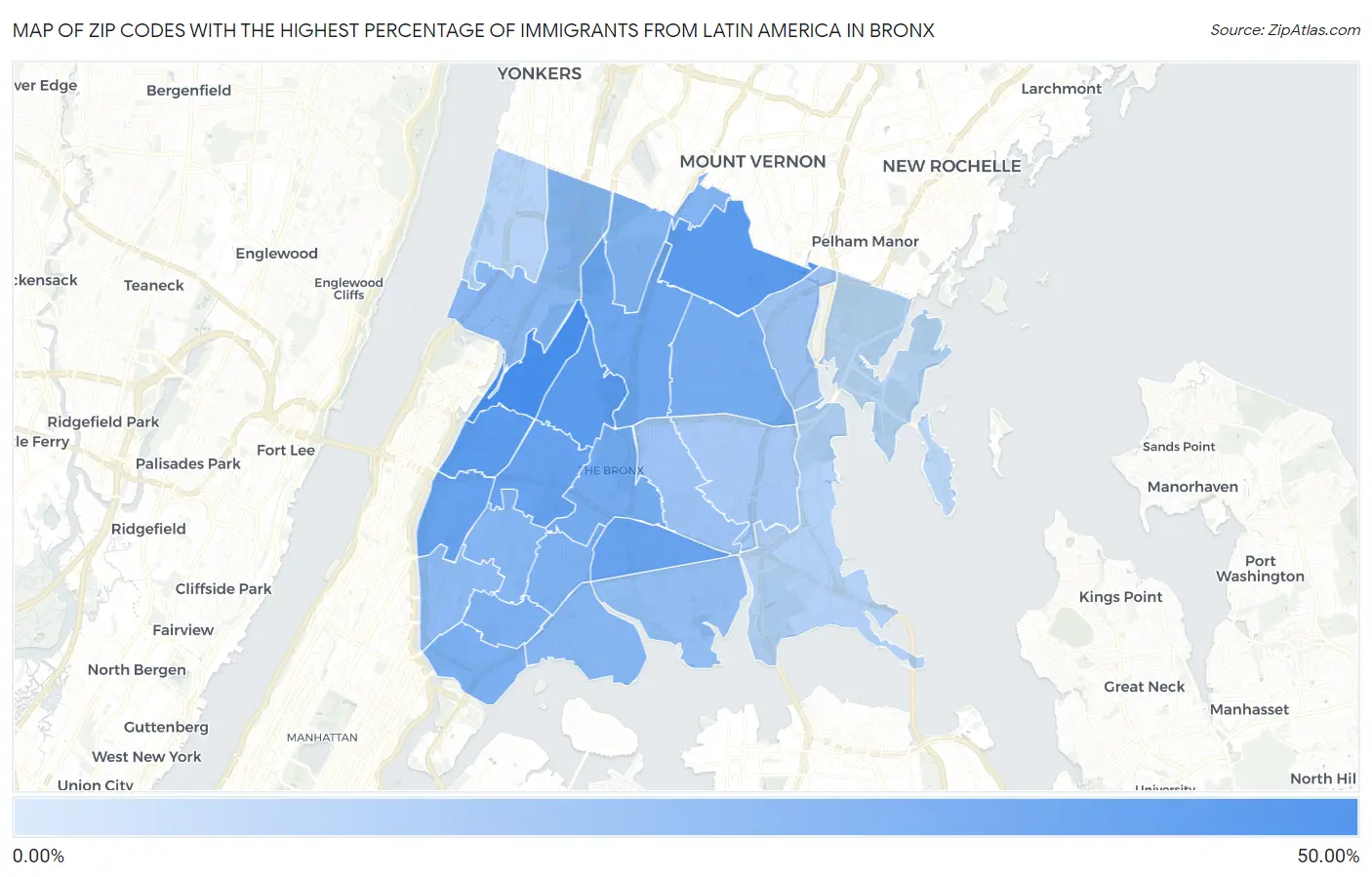 Zip Codes with the Highest Percentage of Immigrants from Latin America in Bronx Map