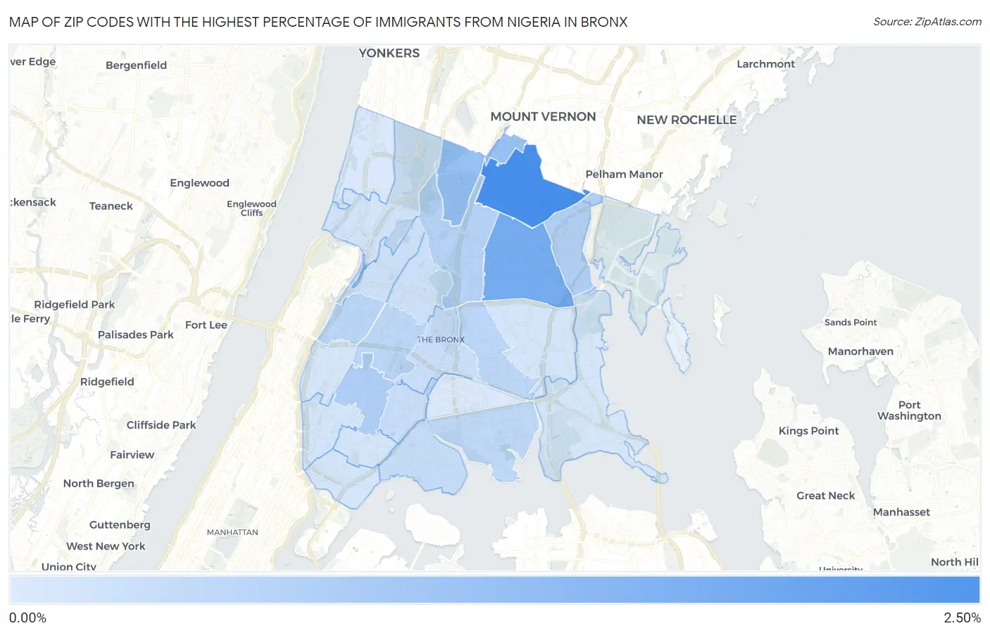 Zip Codes with the Highest Percentage of Immigrants from Nigeria in Bronx Map
