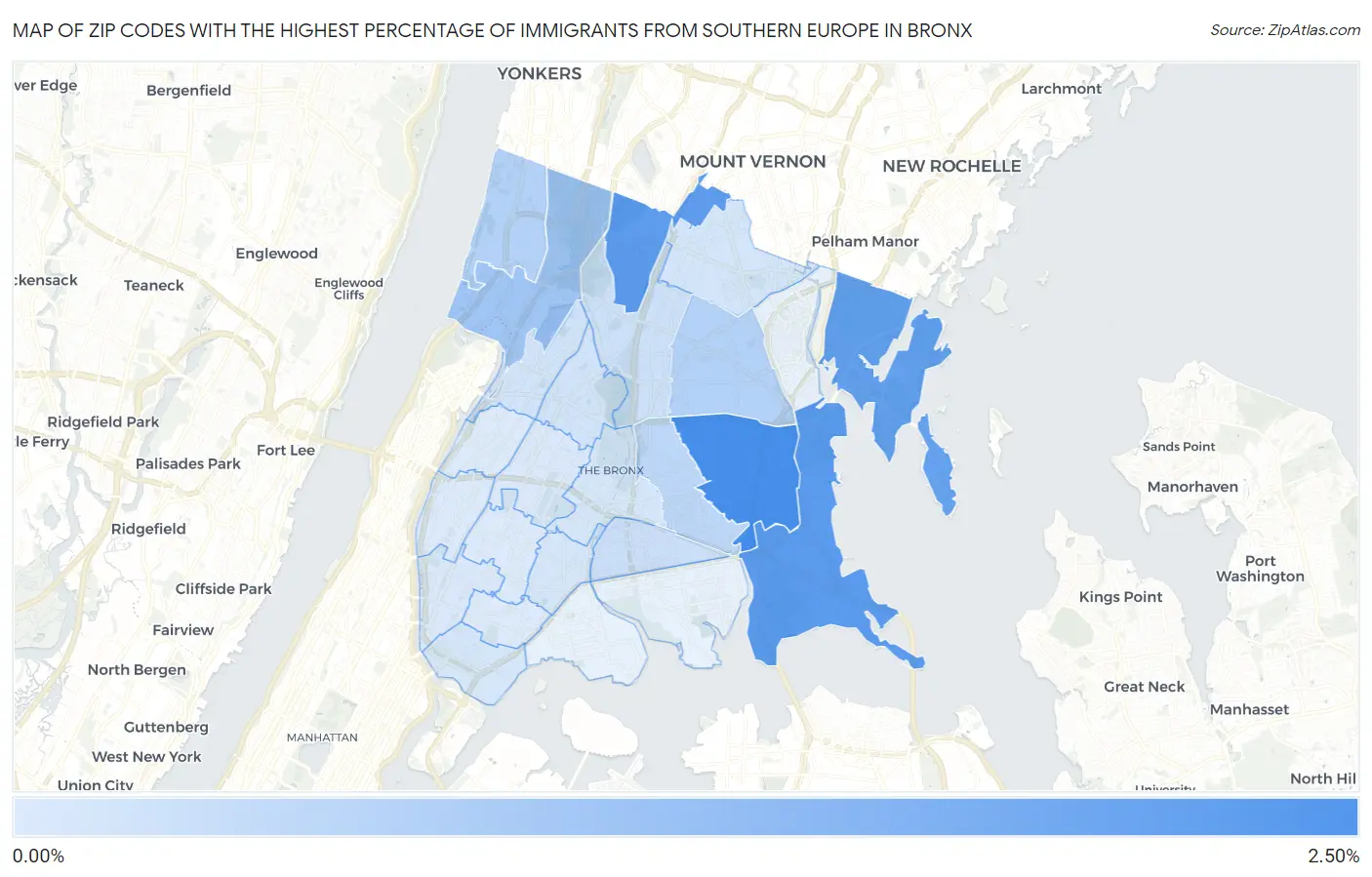 Zip Codes with the Highest Percentage of Immigrants from Southern Europe in Bronx Map