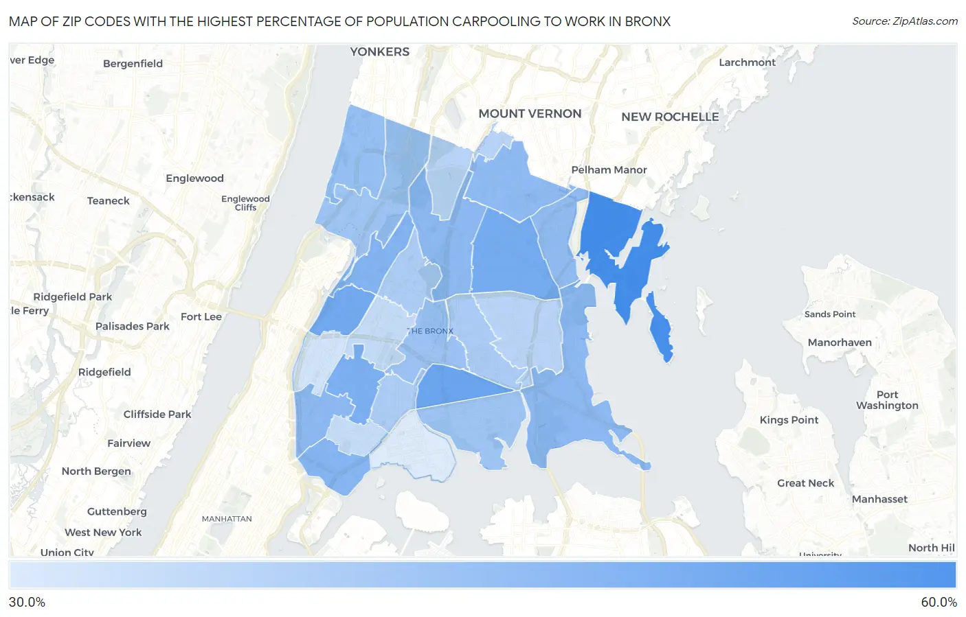 Zip Codes with the Highest Percentage of Population Carpooling to Work in Bronx Map