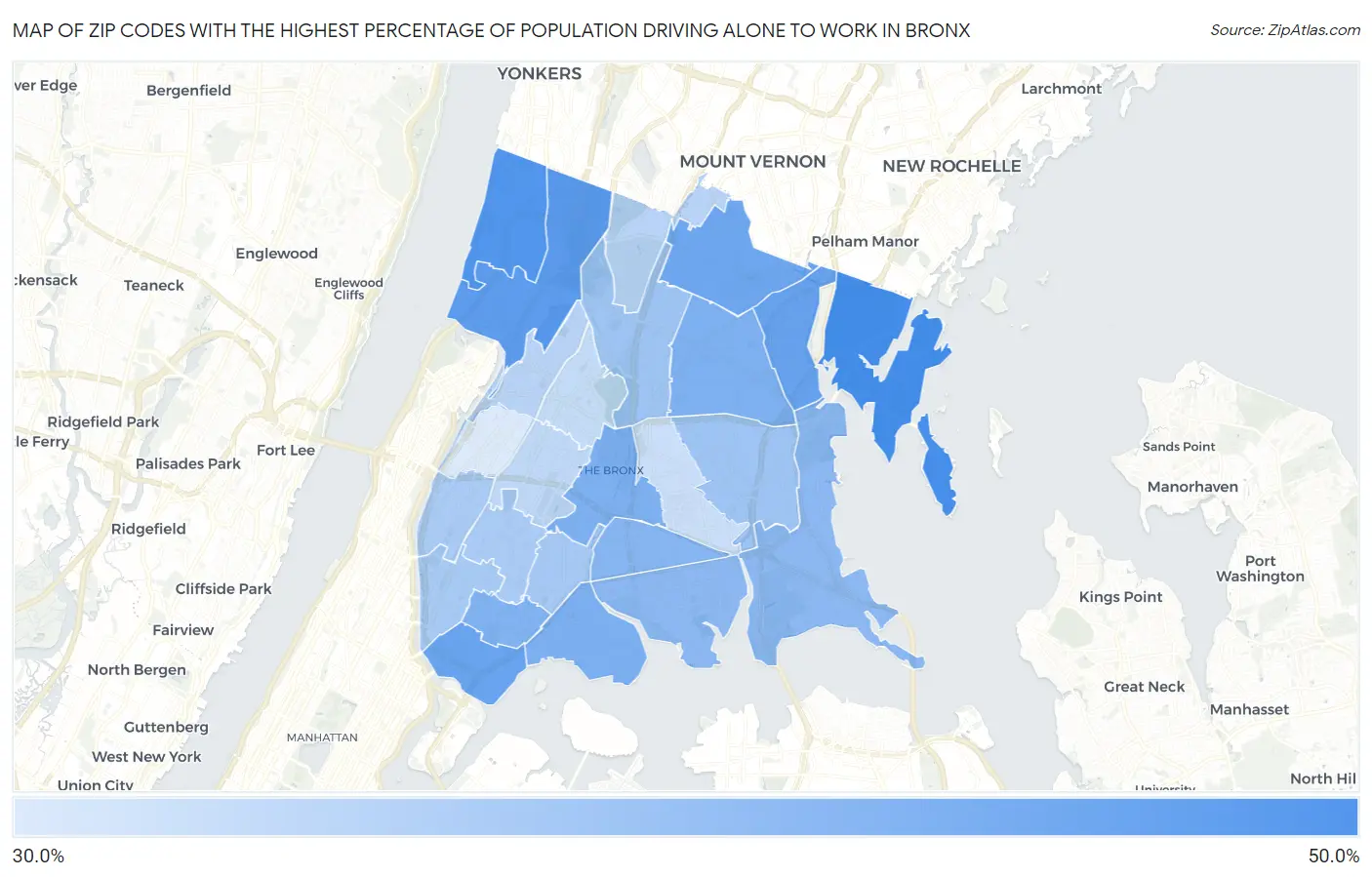 Zip Codes with the Highest Percentage of Population Driving Alone to Work in Bronx Map