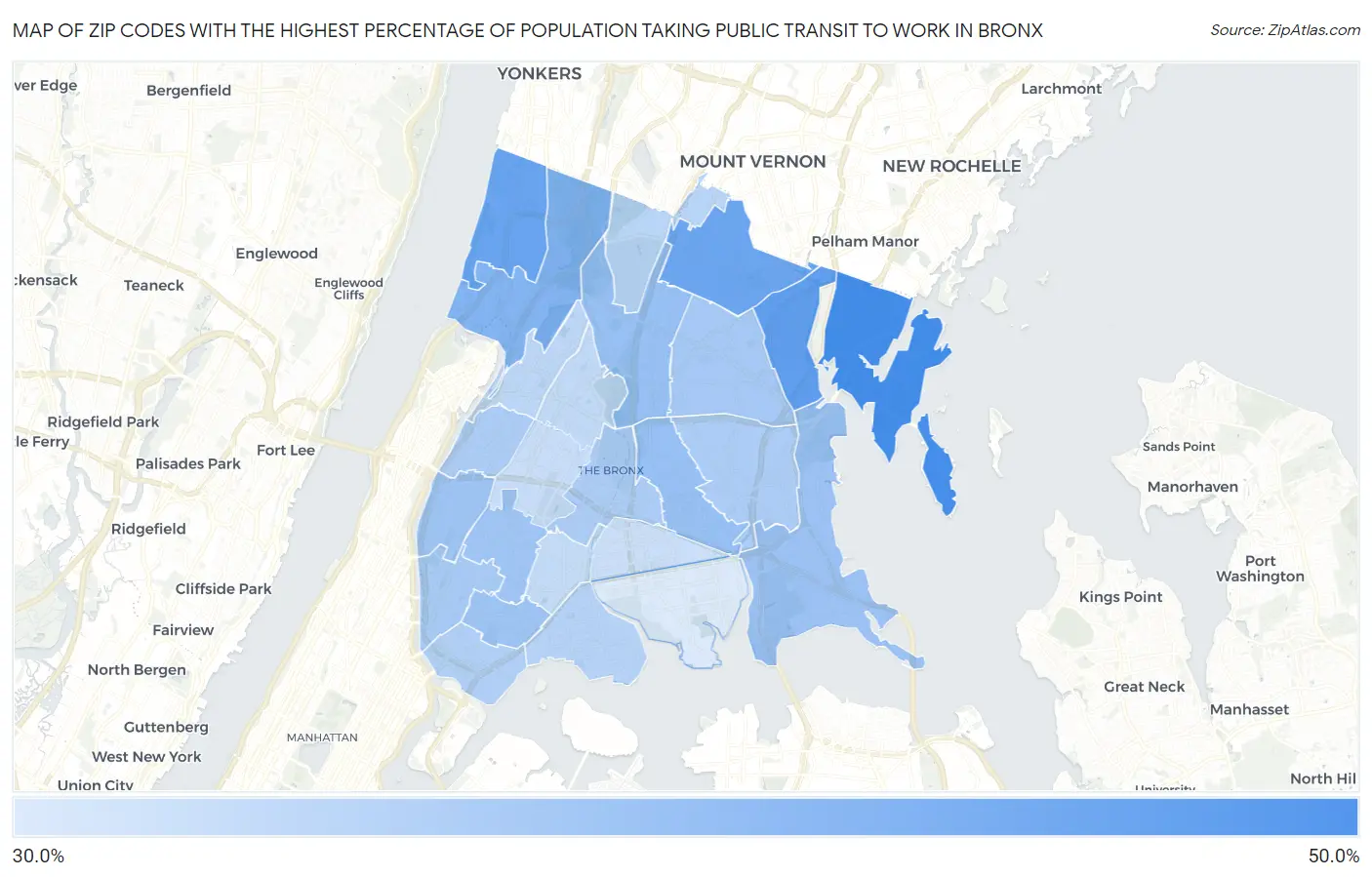 Zip Codes with the Highest Percentage of Population Taking Public Transit to Work in Bronx Map