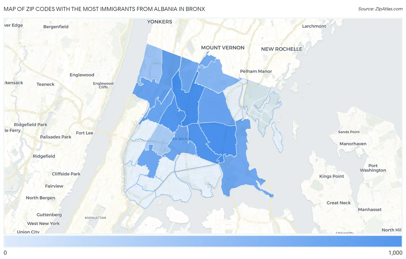 Zip Codes with the Most Immigrants from Albania in Bronx Map
