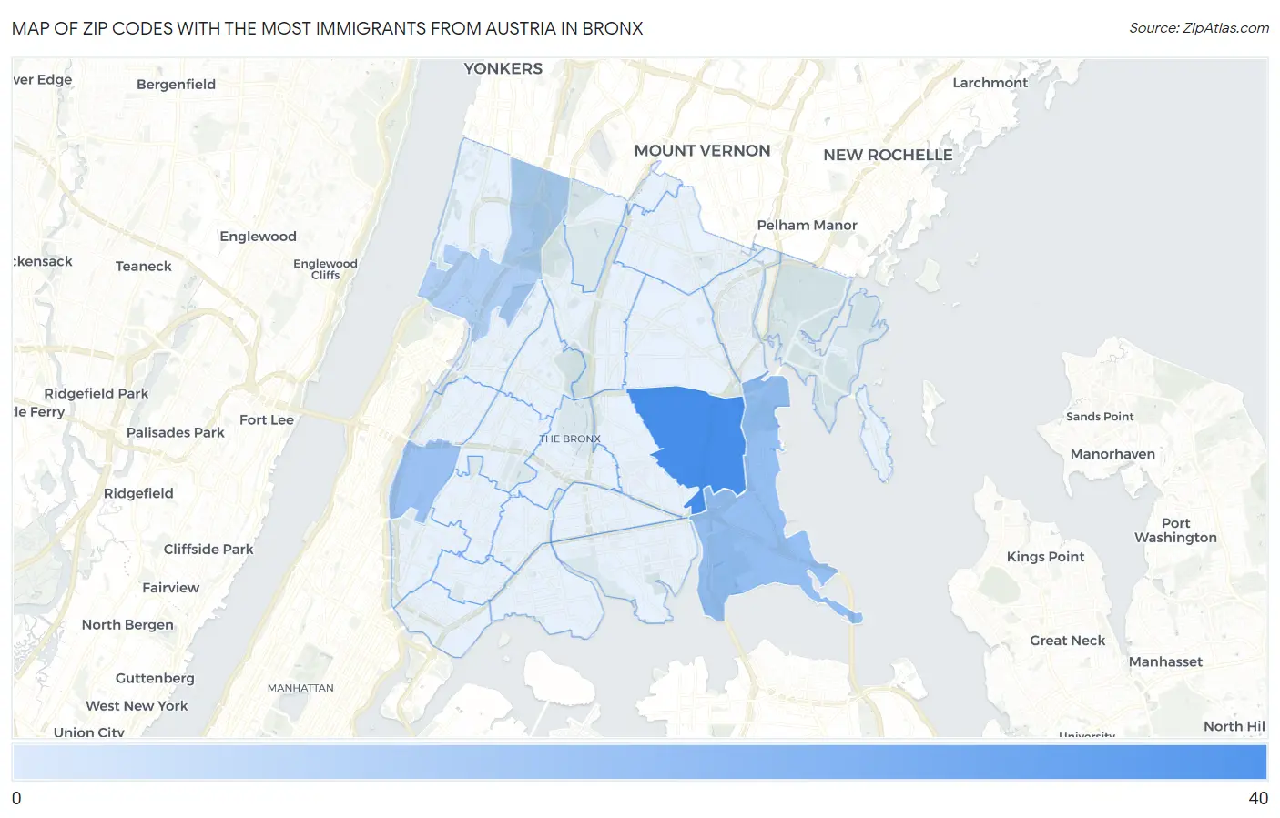 Zip Codes with the Most Immigrants from Austria in Bronx Map
