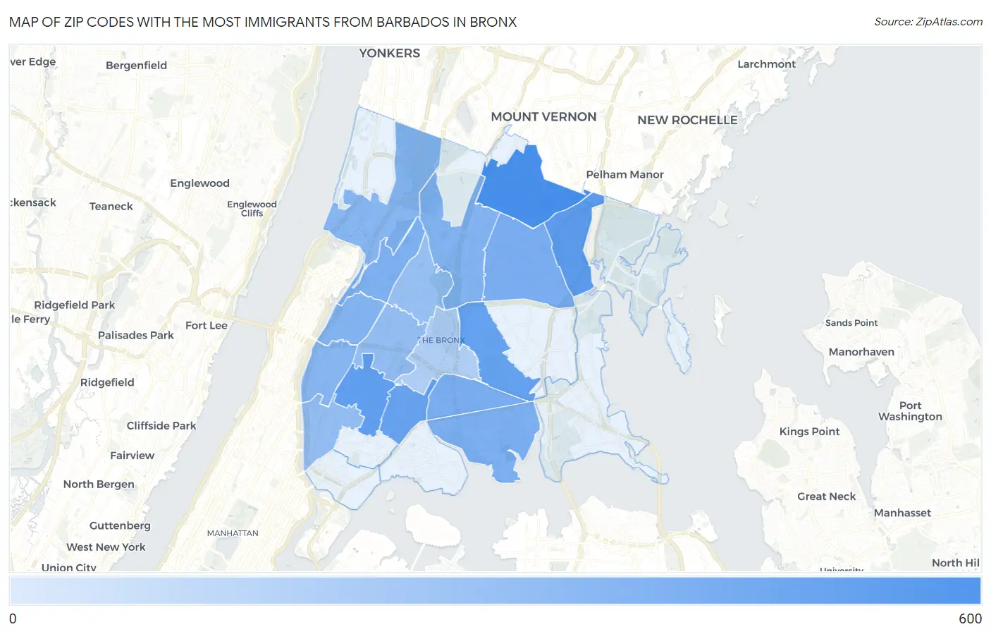 Zip Codes with the Most Immigrants from Barbados in Bronx Map