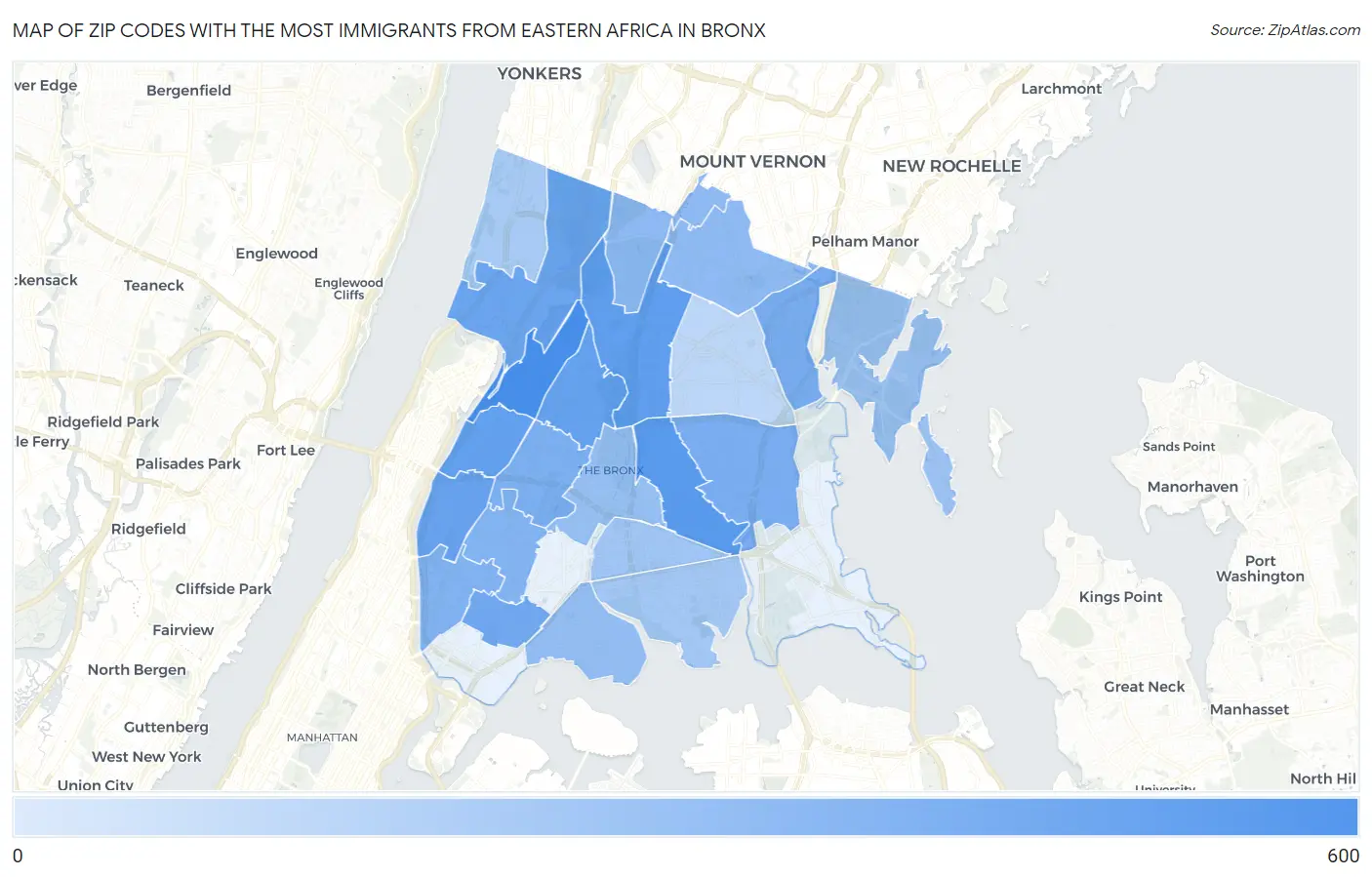 Zip Codes with the Most Immigrants from Eastern Africa in Bronx Map