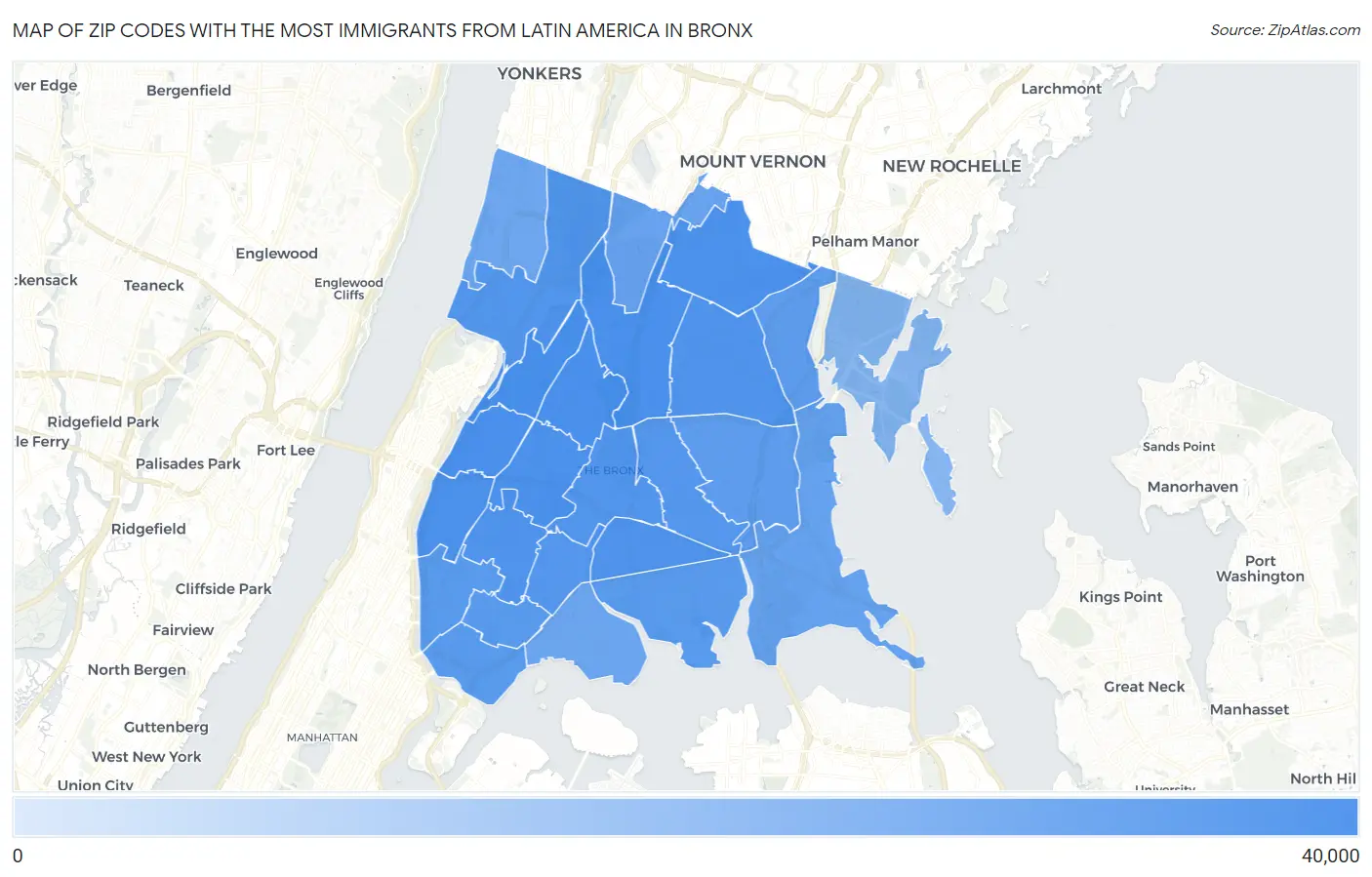 Zip Codes with the Most Immigrants from Latin America in Bronx Map
