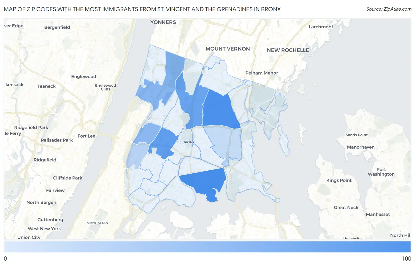 Zip Codes with the Most Immigrants from St. Vincent and the Grenadines in Bronx Map