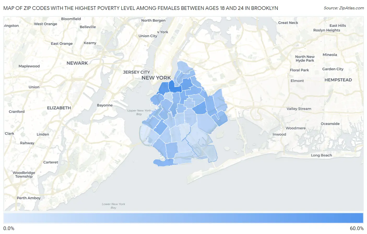 Zip Codes with the Highest Poverty Level Among Females Between Ages 18 and 24 in Brooklyn Map