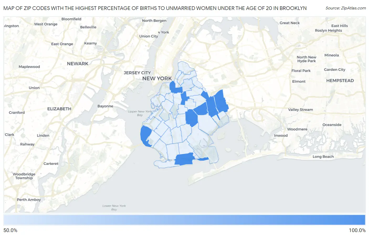 Zip Codes with the Highest Percentage of Births to Unmarried Women under the Age of 20 in Brooklyn Map