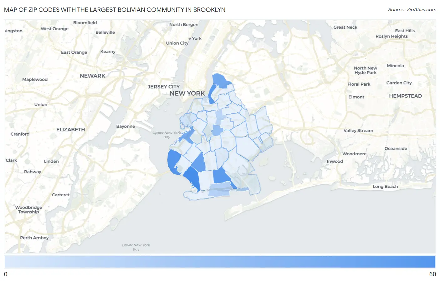 Zip Codes with the Largest Bolivian Community in Brooklyn Map