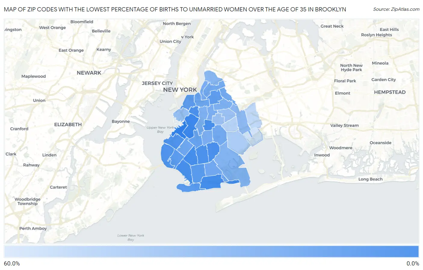 Zip Codes with the Lowest Percentage of Births to Unmarried Women over the Age of 35 in Brooklyn Map