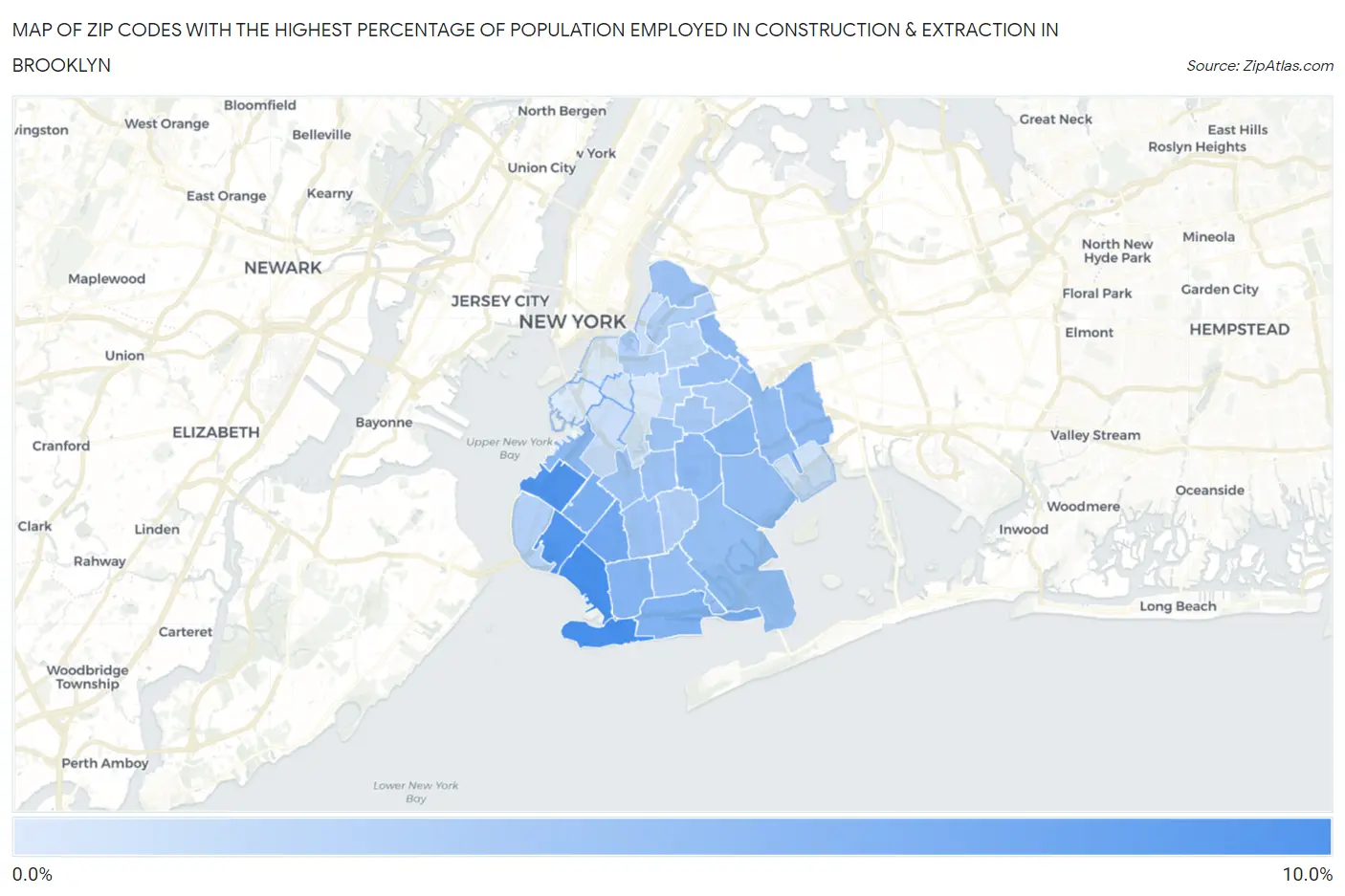 Zip Codes with the Highest Percentage of Population Employed in Construction & Extraction in Brooklyn Map