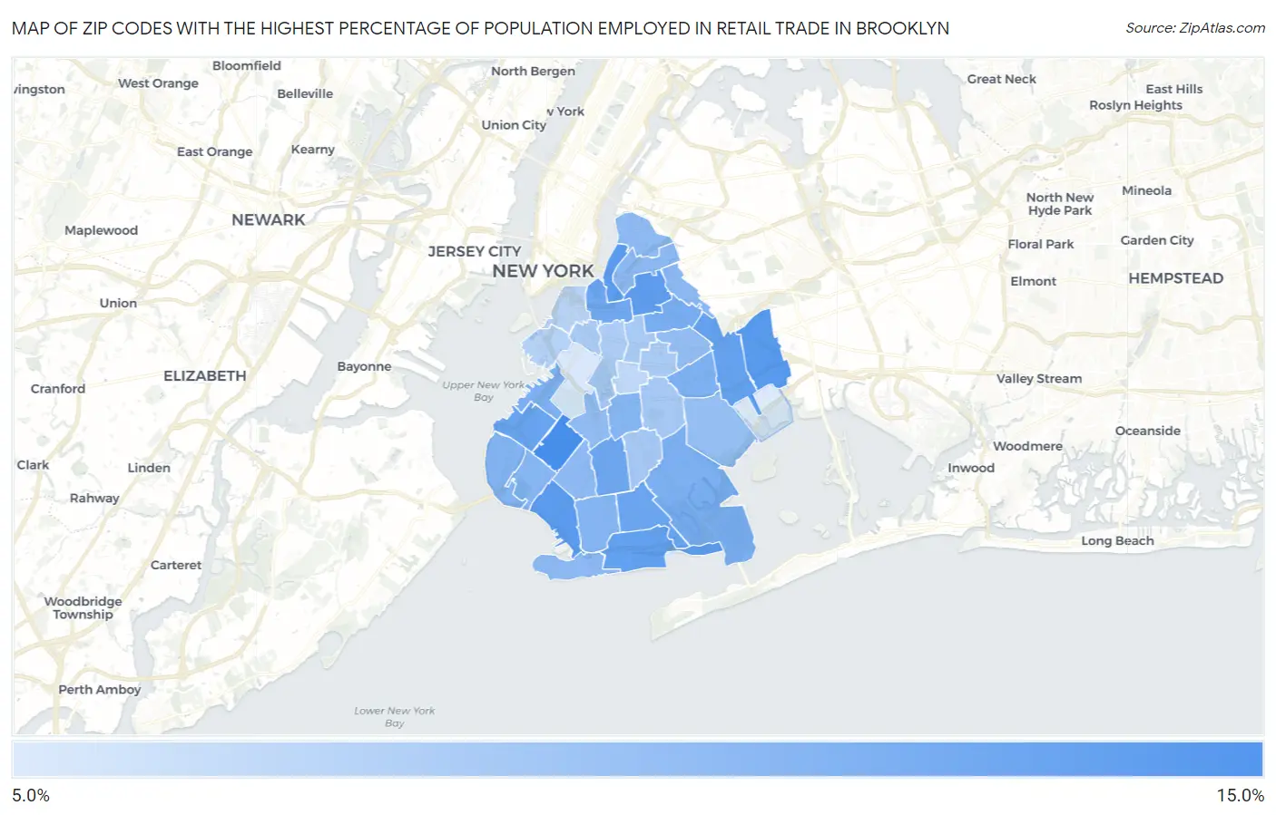 Zip Codes with the Highest Percentage of Population Employed in Retail Trade in Brooklyn Map
