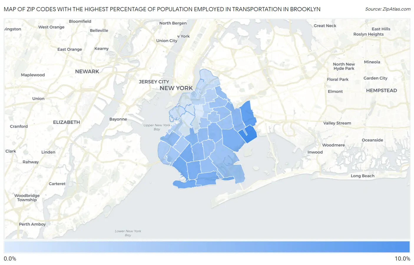 Zip Codes with the Highest Percentage of Population Employed in Transportation in Brooklyn Map