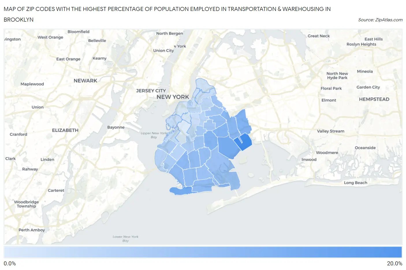 Zip Codes with the Highest Percentage of Population Employed in Transportation & Warehousing in Brooklyn Map