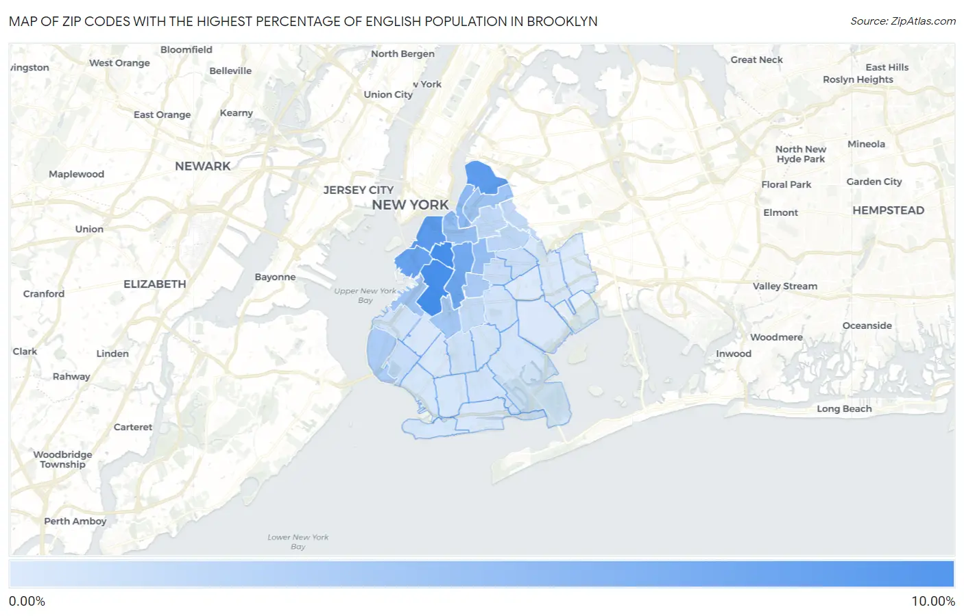 Zip Codes with the Highest Percentage of English Population in Brooklyn Map