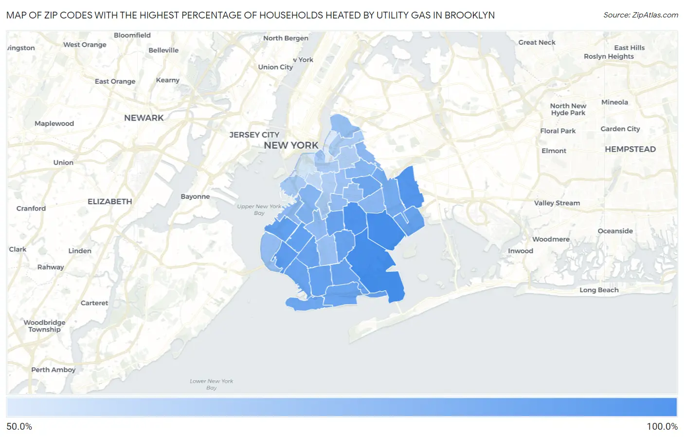 Zip Codes with the Highest Percentage of Households Heated by Utility Gas in Brooklyn Map