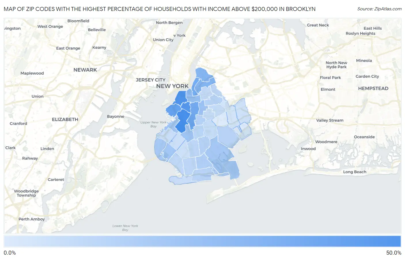 Zip Codes with the Highest Percentage of Households with Income Above $200,000 in Brooklyn Map