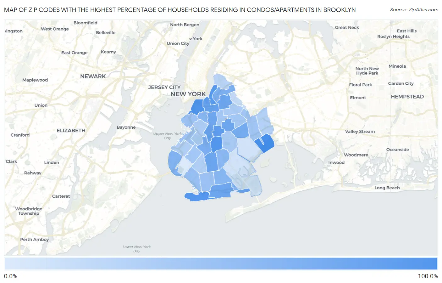 Zip Codes with the Highest Percentage of Households Residing in Condos/Apartments in Brooklyn Map