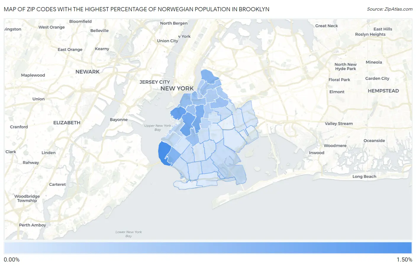 Zip Codes with the Highest Percentage of Norwegian Population in Brooklyn Map