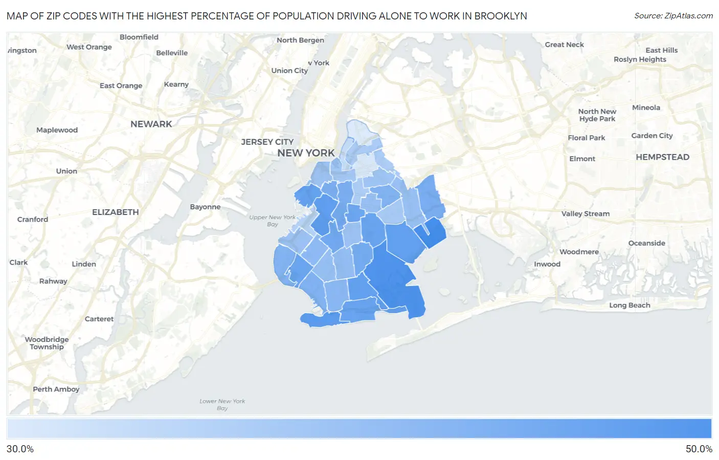 Zip Codes with the Highest Percentage of Population Driving Alone to Work in Brooklyn Map