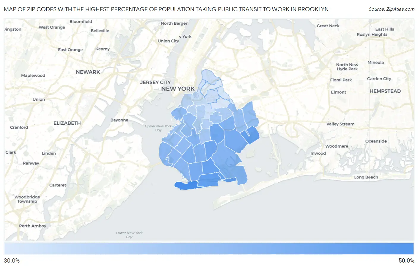 Zip Codes with the Highest Percentage of Population Taking Public Transit to Work in Brooklyn Map