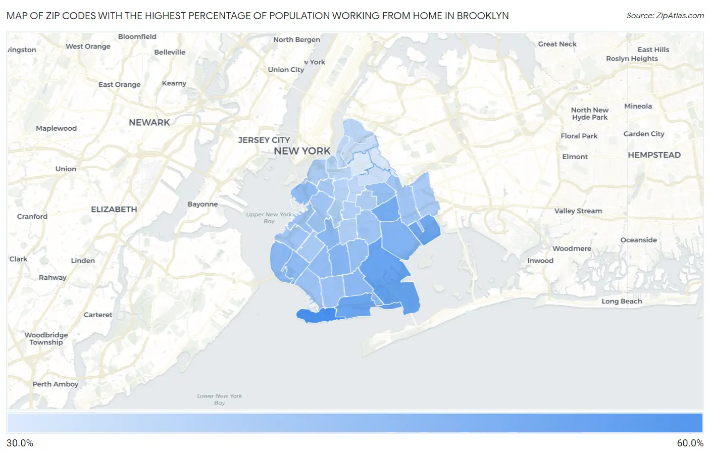 Zip Codes with the Highest Percentage of Population Working from Home in Brooklyn Map