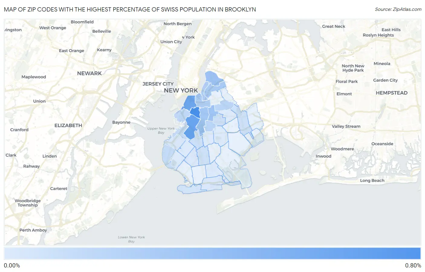 Zip Codes with the Highest Percentage of Swiss Population in Brooklyn Map