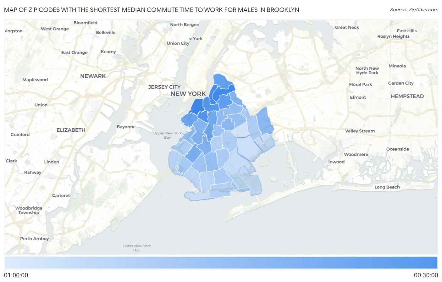 Zip Codes with the Shortest Median Commute Time to Work for Males in Brooklyn Map