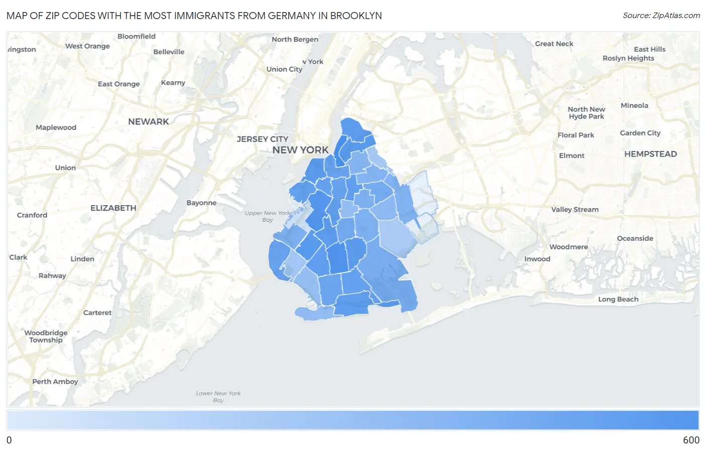 Zip Codes with the Most Immigrants from Germany in Brooklyn Map
